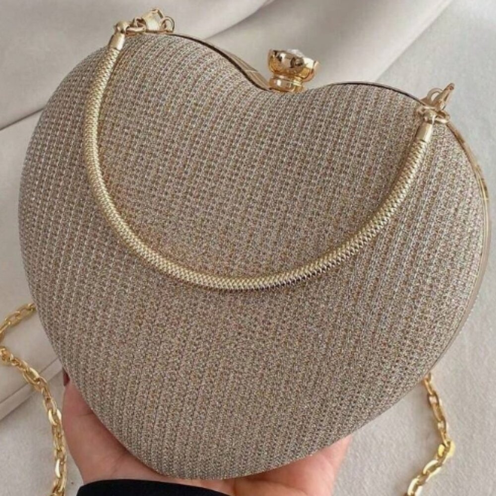 Luxury Rhinestone Heart Shaped Gold Clutch